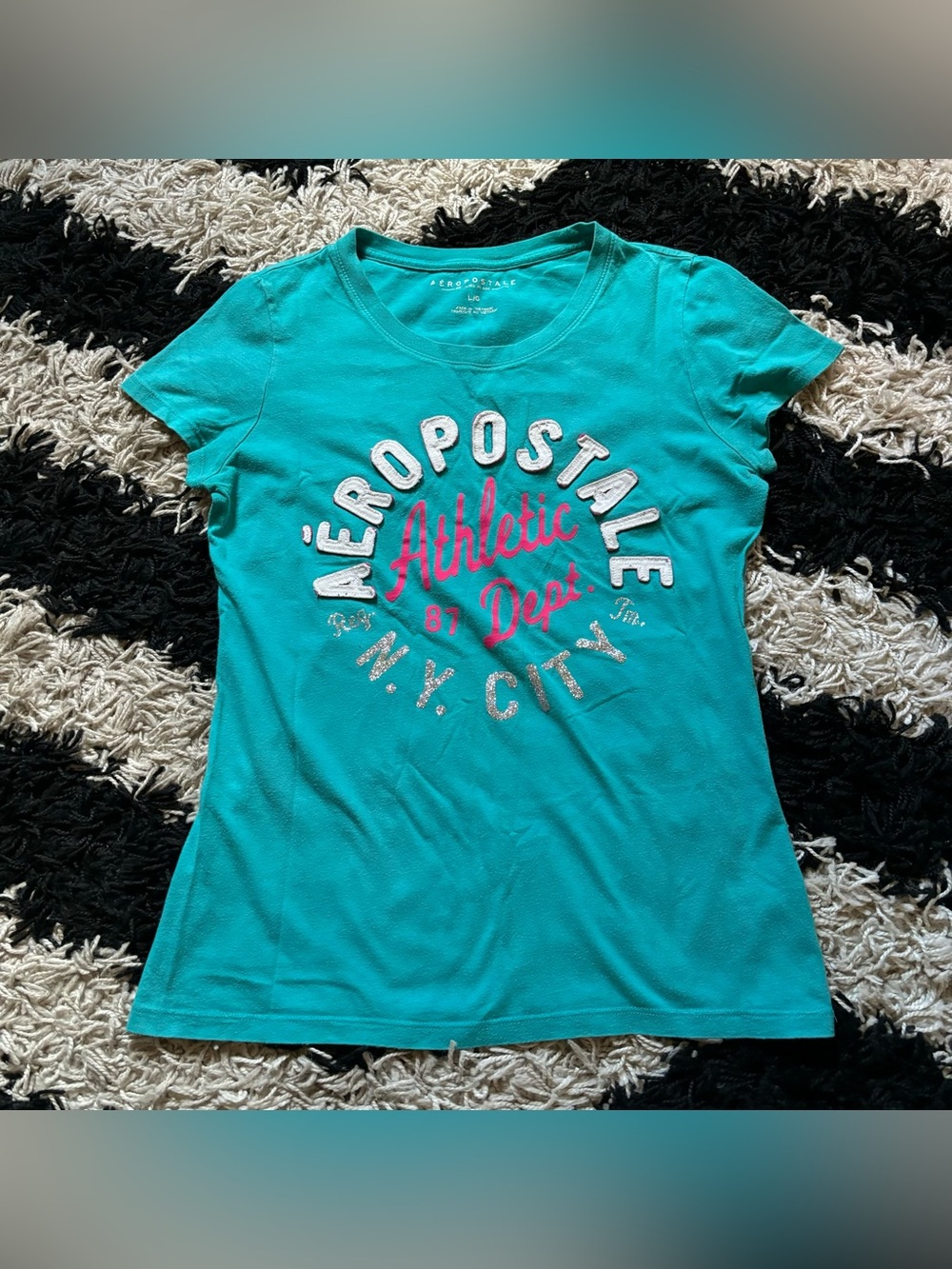 Aeropostale Blue Multicolor Graphic Glittery Logo Appliqué Tshirt